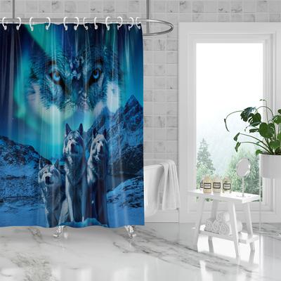 1Pc Glacier Wolf Print Waterproof Shower Curtain Bathe Partition Privacy Hanging Curtain 12 Hooks Multi Size Machine Washable