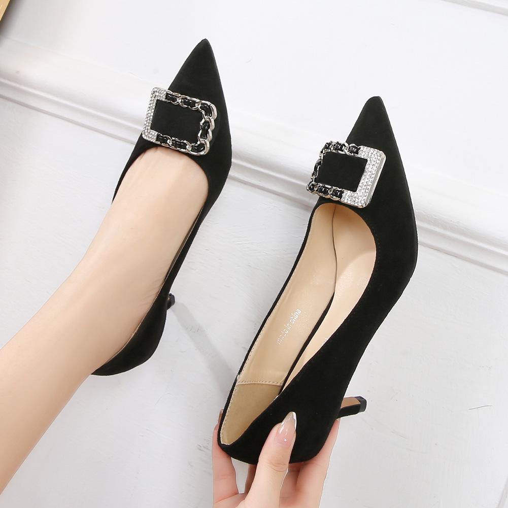 Temperament rhinestone square buckle professional single shoes pointed head light mouth stiletto black high heels female Melnis