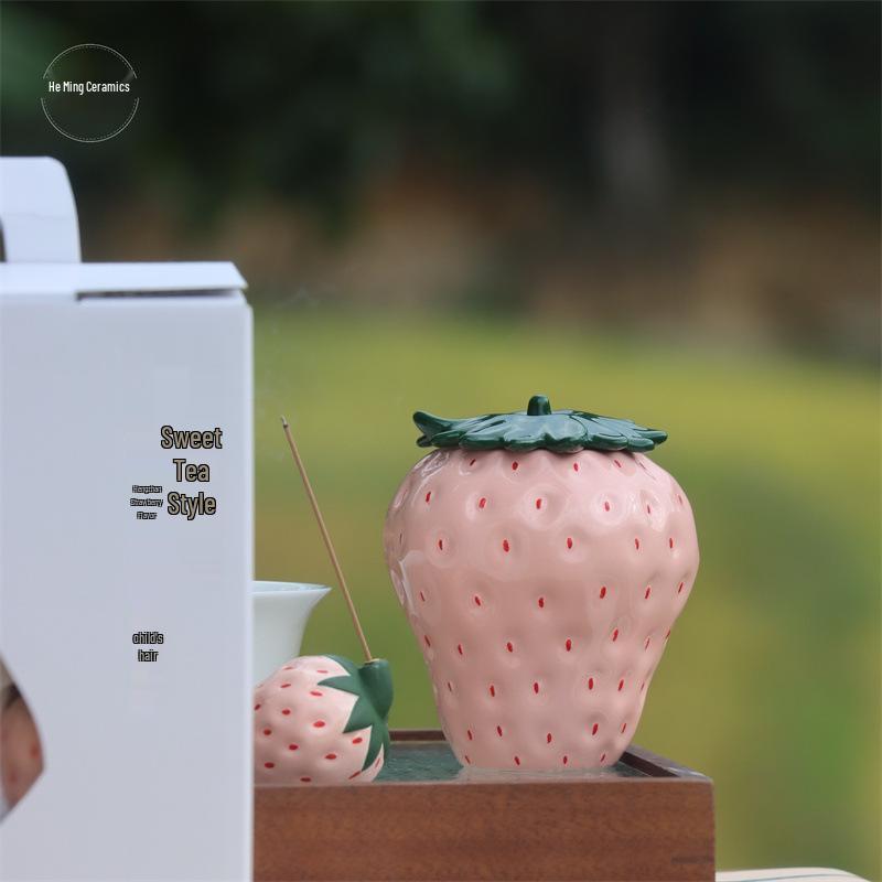 Hand-Painted Strawberry Ceramic Tea Can Ornament for Home Decor and Photography