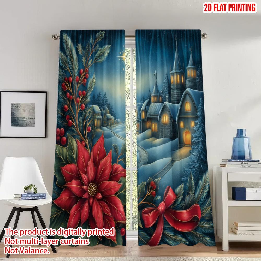 

Set Of 2 Flat Printing Fashionable Christmas Curtains Village Poinsettia Holly Digital Printed Polyester Drapes Curtain Made W100*H70(CM)-Grommet top&1PCS