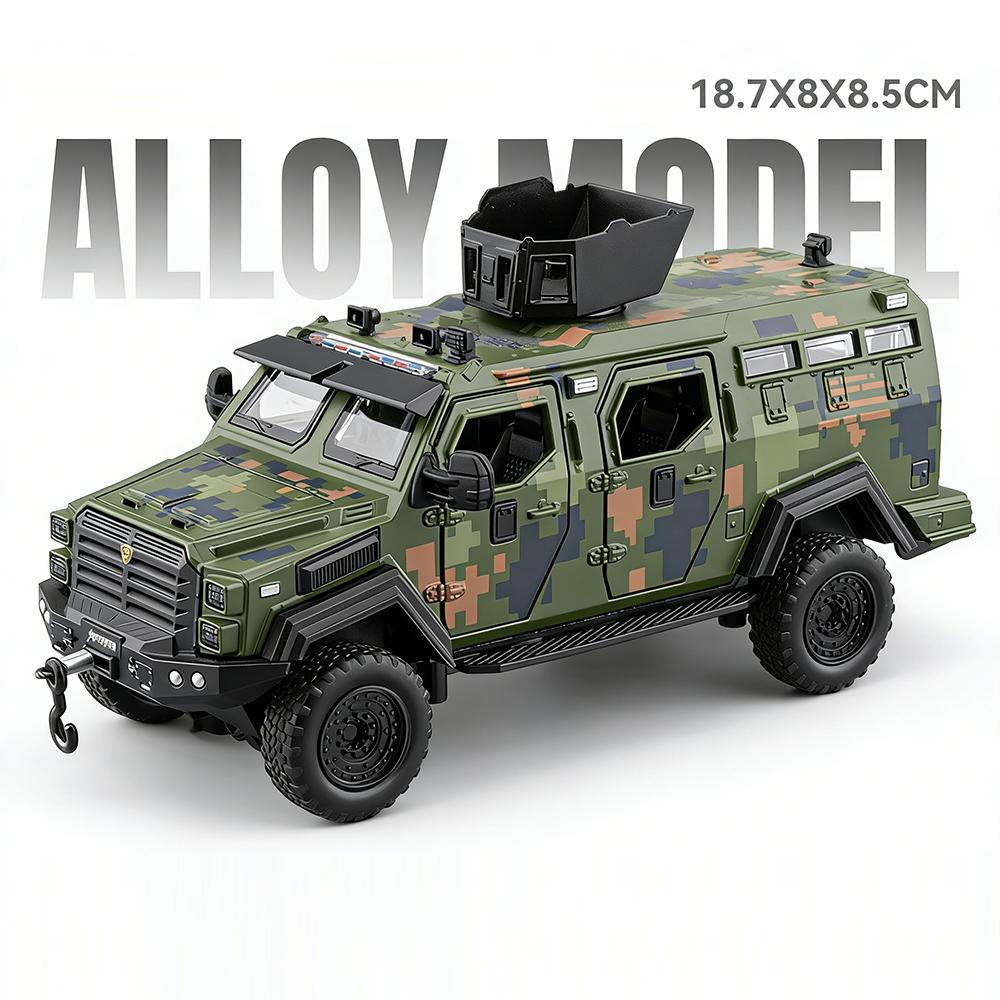 1:32 Scale Sword Toothed Tiger Armored Car Model Toy Wheel Steering Music Light Off-road Police Vehicles Shock Absorption Gifts