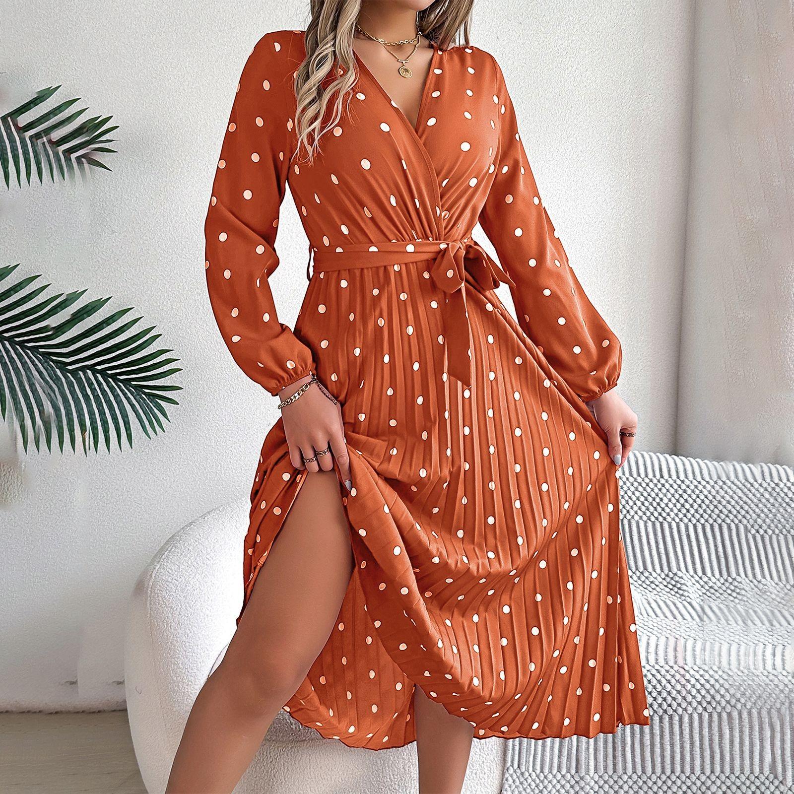 Женское модное элегантное плиссированное длинное платье в горошек с крестом и V-образным — фото 8