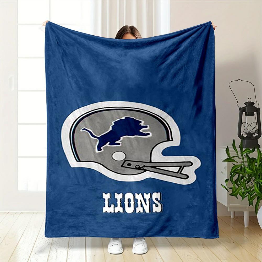 Lions Helmet Logo on Blue Background Flannel Blanket for bedroom, living room, sofa, and nap sofas.