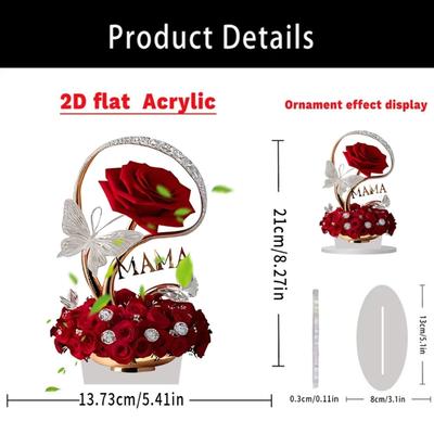 Ornement Pièce d'Art Acrylique 2D Rose Rouge avec Base pour Cadeau de Noël Fête des Mères Décoration de Bureau Durable