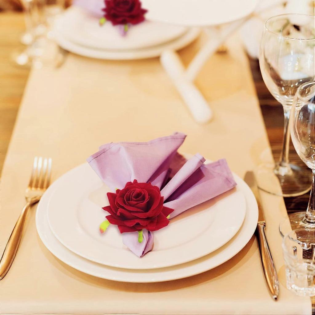 12Pcs Valentine's Day Artificial Rose  Faux Red Rose Napkin Holders Alloy Wedding  Romanti