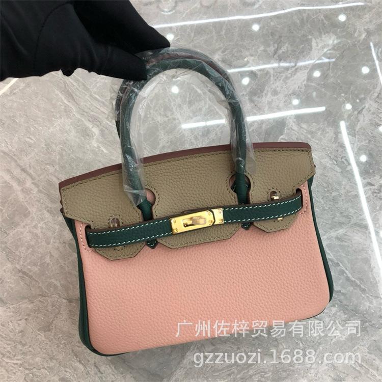 Cross-border Lychee Pattern Color Matching Platinum Bag Cowhide Women's Bag Contrasting Color Handbag Large Capacity Shoulder Crossbody Wedding Bag