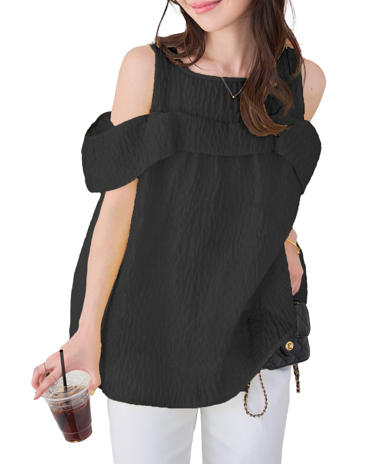 

Kobe Lettuce Summer Sheer Short Sleeve Blouse with Jacquard Stylish Free Size Women s Fabric, Off-the-Shoulder, [C7544]