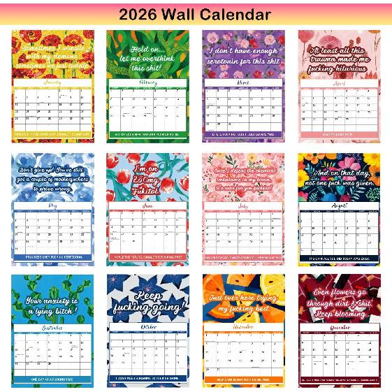 2026 Funny Mental Health Calendar, 12 Monthly Sweary Affirmations for Anxiety & Depression, Humorous Demotivational Quotes Planner, Motivational Cuss