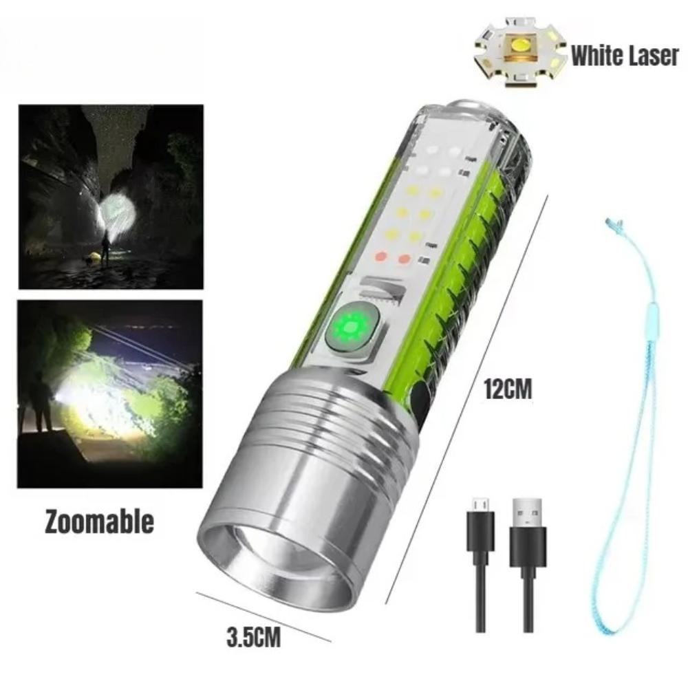 High Power LED Flashlight Zoom USB C Rechargeable Lamp with Sidelight and Tail Magnet Fluorescent Multifunction Torch UV Light