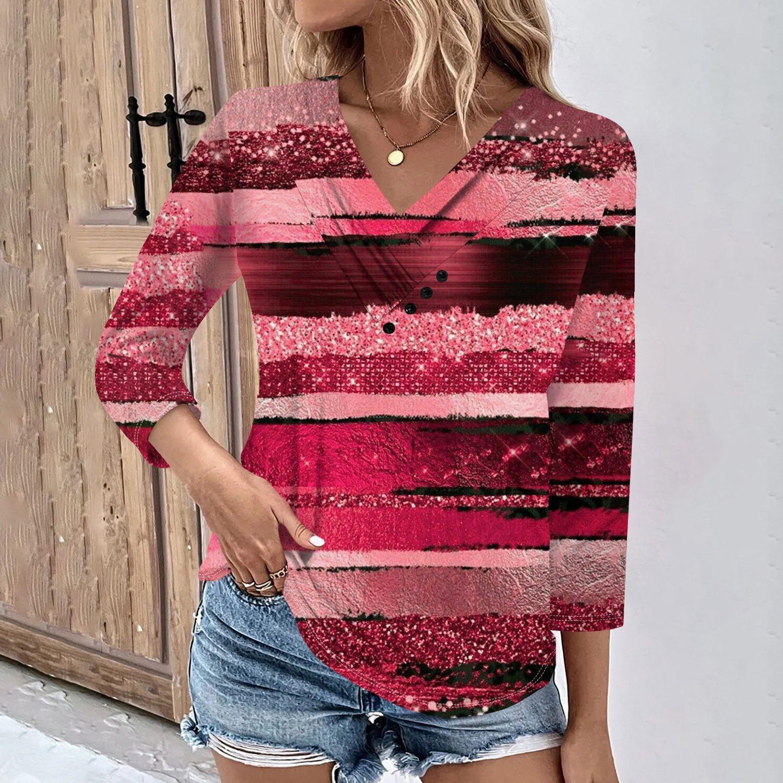 Женские повседневные футболки с рукавом 3/4 для выходных с V-образным вырезом и принтом — фото 8