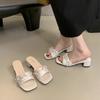 French Medium Heel Open-toed Cool Slippers Outer Wear Women's Shoes 2025 New Summer Rhinestone Bow Thick Heel One-word Drag