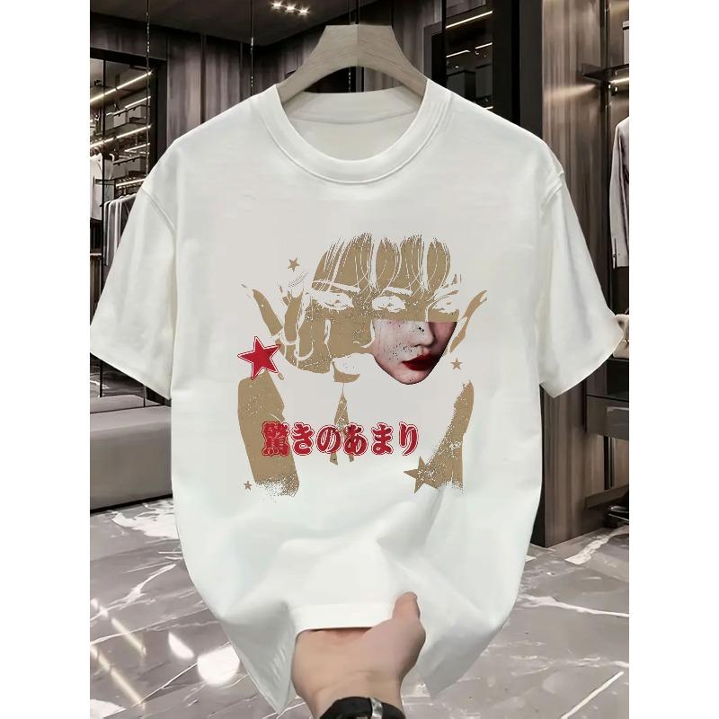 Men's Fashion T-Shirt, Retro Japanese Grunge Anime Girl Black Casual Tee - Harajuku Style Cotton Short Sleeve