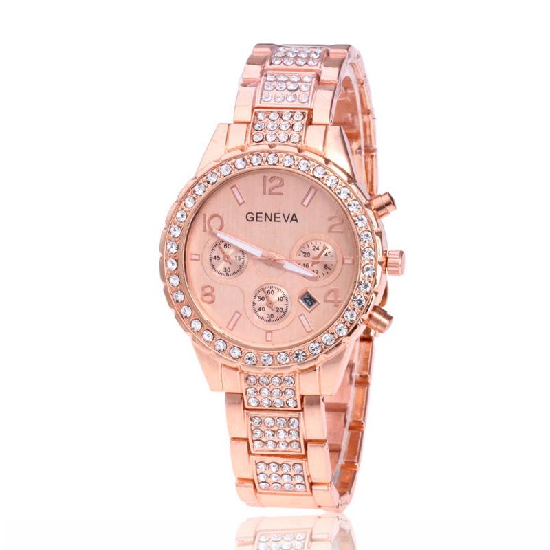 Geneva Steel Band Diamond Men's Watch with Three Dials and Calendar - Women's Quartz Model Available