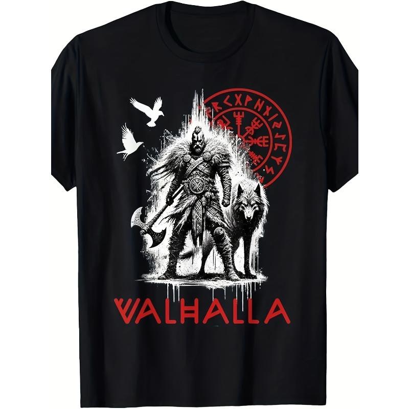 Men S Viking Norse Valhalla Odin Wolf Raven Rune Compass T-Shirt - Viking Warrior Culture Graphic Tee with Odin S Rune Staff Design S