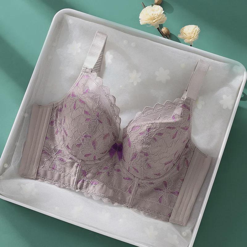 High-End Lace Shaping Bra: Delicate, Large-Size, Side-Gathering, Soft Steel Ring Design