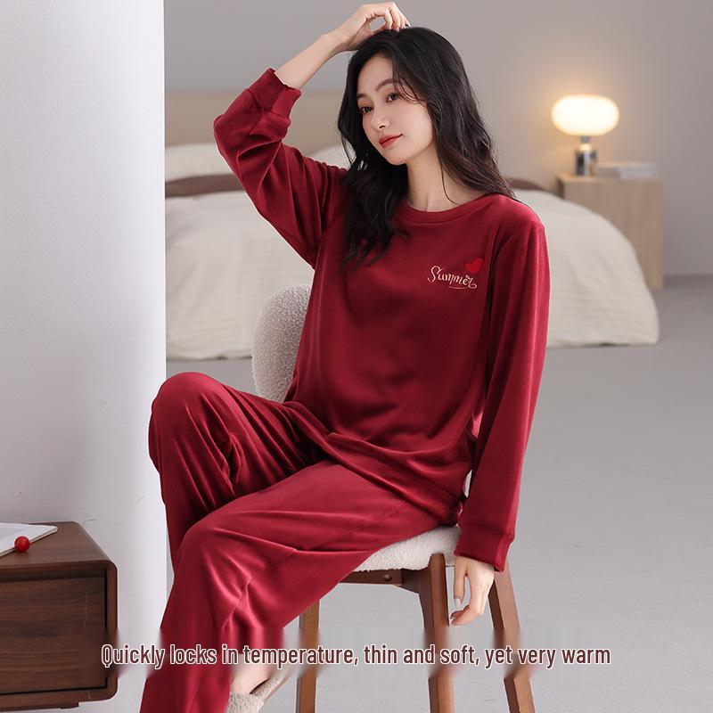 Women's Cozy Red Coral Fleece Homewear - Festive Casual Style for Autumn & Winter