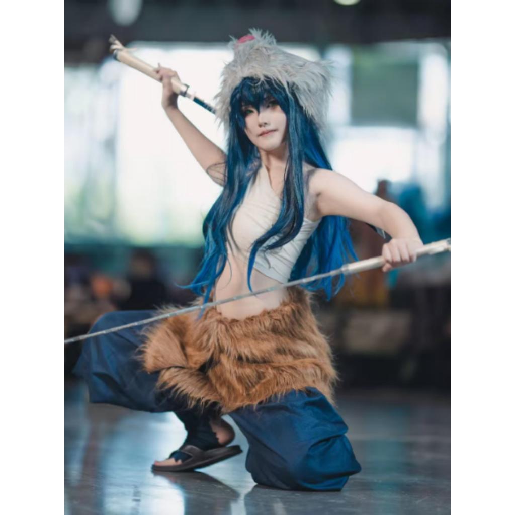 Anime Kimetsu No Yaiba Hashibira Inosuke Cosplay Kostüm Paket mit Hose, Kostüm, Demon Slayer Hose und Schürzenmasken
