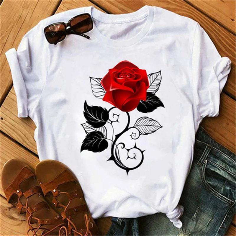 Women's T-shirt Fashion Creative Flower Printed T-shirt Casual T-shirt Short Sleeve Women's T-shirt