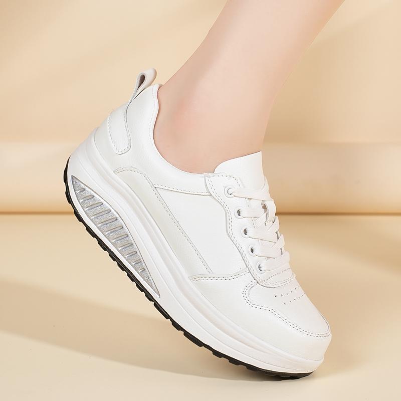 Women's Sneakers Height Increase White Leather Platform Casual Simple Thick Sole Elevator Shake Shoes