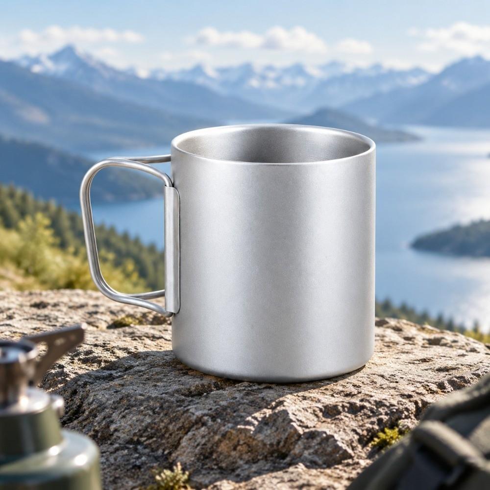 Double Wall Titanium Water Cup Foldable Handle Outdoor Coffeee Bottle Camping Mug Backpacking