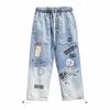 YOA Herren Trendige Herbst Cartoon Graffiti Kordelzug Jeans