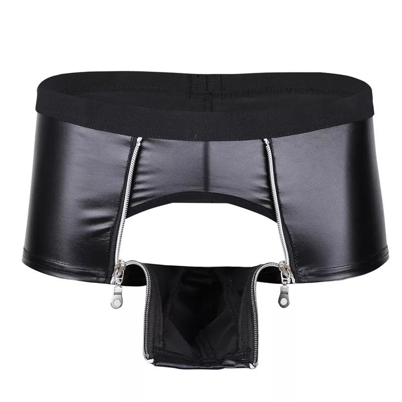 Mens Sexy Leather Lingerie Open Crotch Short Pants For Sex Soft Latex Fetish Boxer Crotchless Leather Underwear Bulge Pouch SexiGood Product
