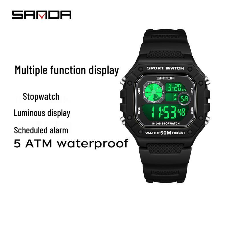 Sanda Teen & Men Multifunctional Waterproof Fashion Square Alarm Clock Watch