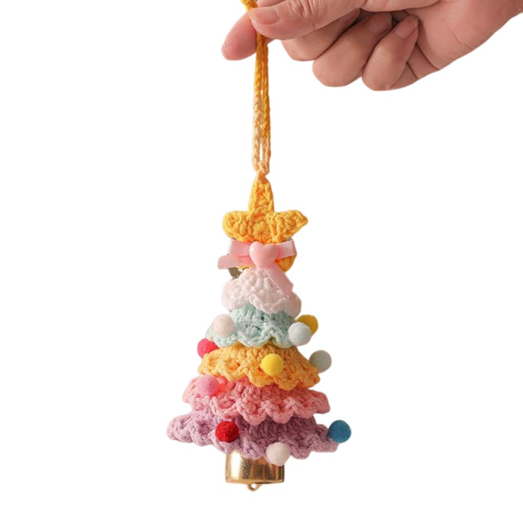 Knitted Plush Christmas Tree with Jingle Bell Handmade Crochet Christmas Hanging Pendant Wool Xmas Tree for New Year Party Decor