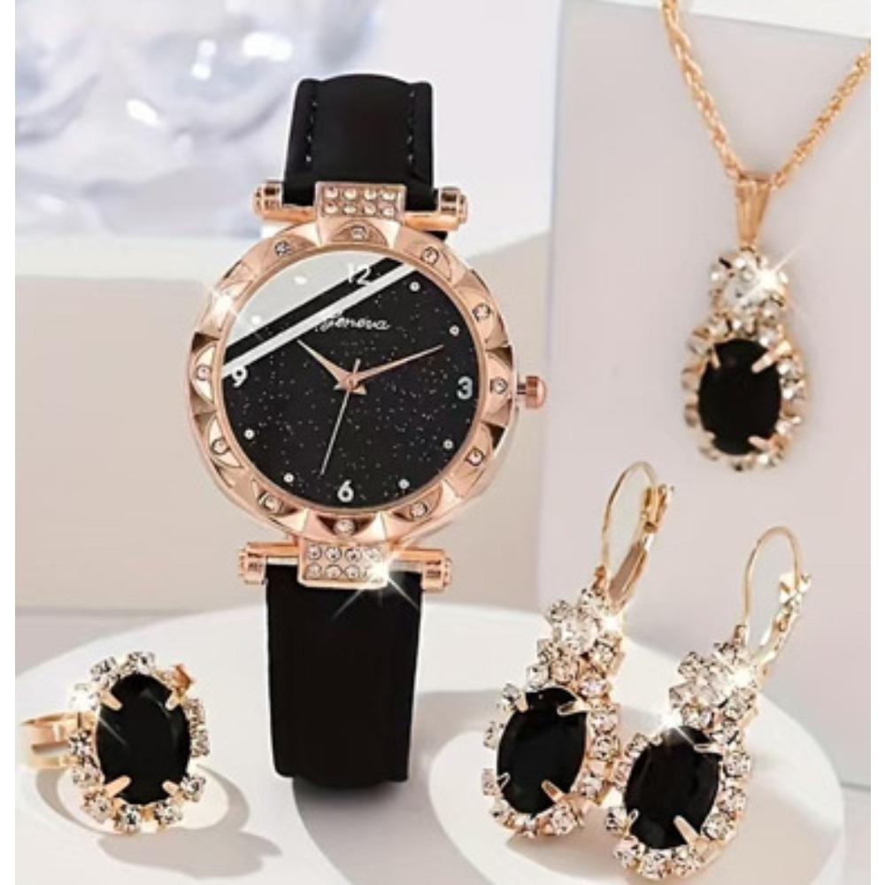 Watch Ladies Light Luxury Niche Diamond Dial Quartz Watch PU Leather Strap Watch Bracelet Set
