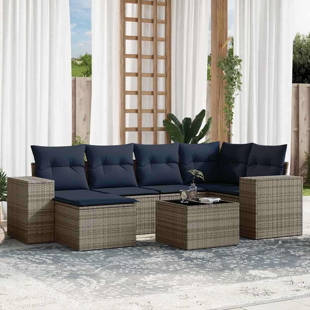 7 Piece Garden Sofa Set with Cushions Gray Poly Rattan