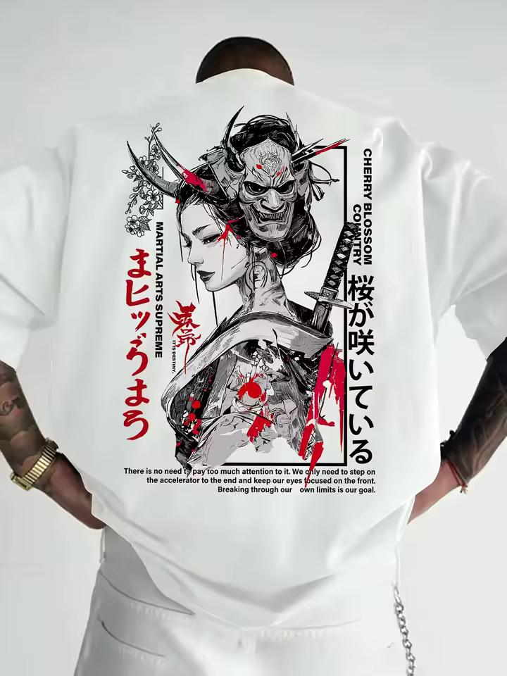 Japanese Geisha Samurai Print on Premium Soft Cotton Mens T Shirt Perfect for Summer Bold Street Style