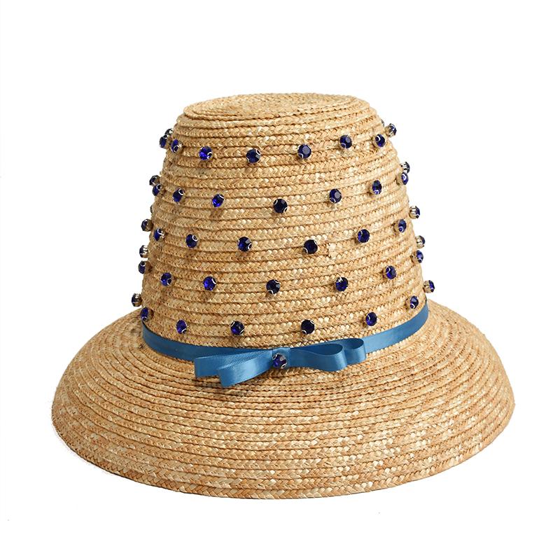Diamond decorative straw caps new retro multicolor ribbon high top straw hat stage catwalk concave shape straw hat sun hat adjustable