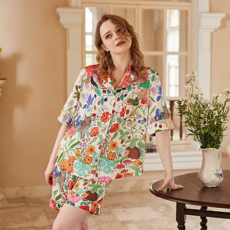 

[White Bottom Forest Garden] Spring and Summer Women s Simulation Silk Wind Thin Homewear Short Sleeve Pants Set XL