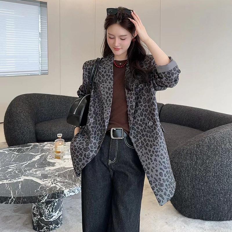 Plus Size Leopard Print Mid-Length Casual Blazer for Women - Spring Fashion