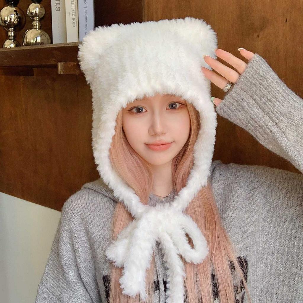 Bear Ears Woolen Knitted Hat for Women In Winter Showing Face Small Plush Cute Ear Protection Warm Big Headband Cold Hat