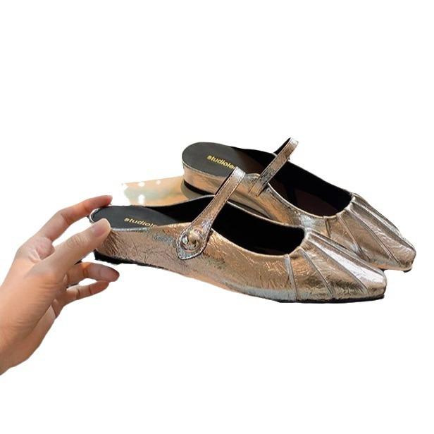 Grape mother of the same style, temperament small square head folds, word with shallow mouth Mary Jane single shoes bag head half drag sandals women