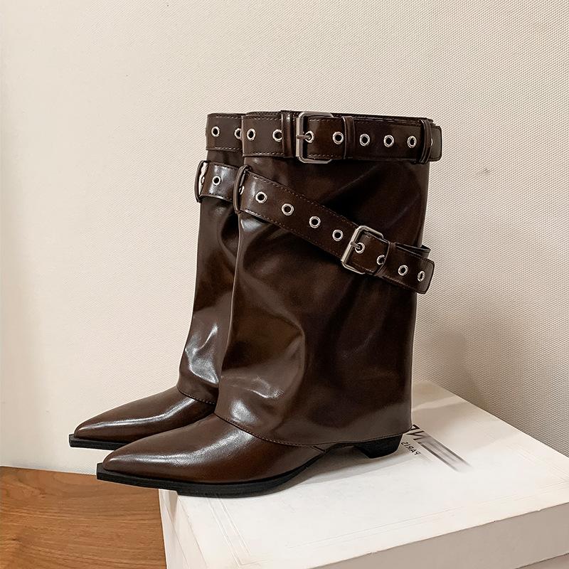 Niche Design Short Boots Women's Autumn New Spice Girl Belt Buckle Pants Boots Pointed Western Cowboy Boots
