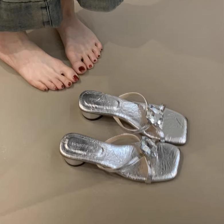 Fairy style women's shoes French rhinestone sandals women's shoes spring and summer wear silver thick heels cool slippers high heels