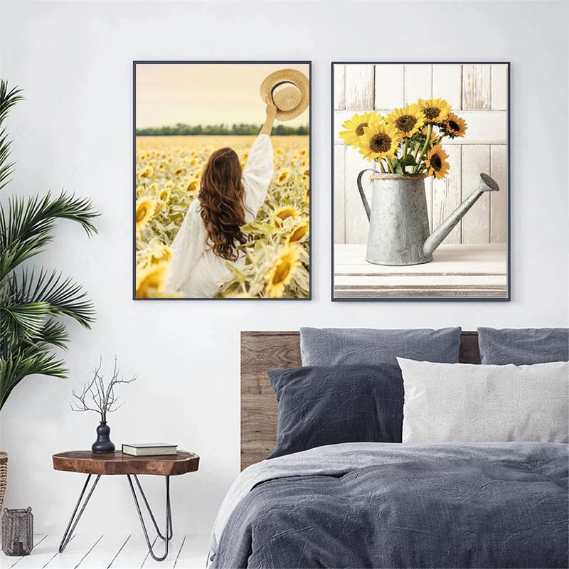 Field Girl Sunflower Tree Poster Flower Butterfly Print Canvas Painting Landscape Wall Art Pictures for Living Room Home Decor