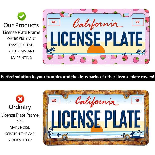 Cute Pink Strawberry License Plate Frames Holder - 2 Pack Fruit Pattern License Plate Holder Universal Aluminum Metal Rust-Proof Waterproof Car