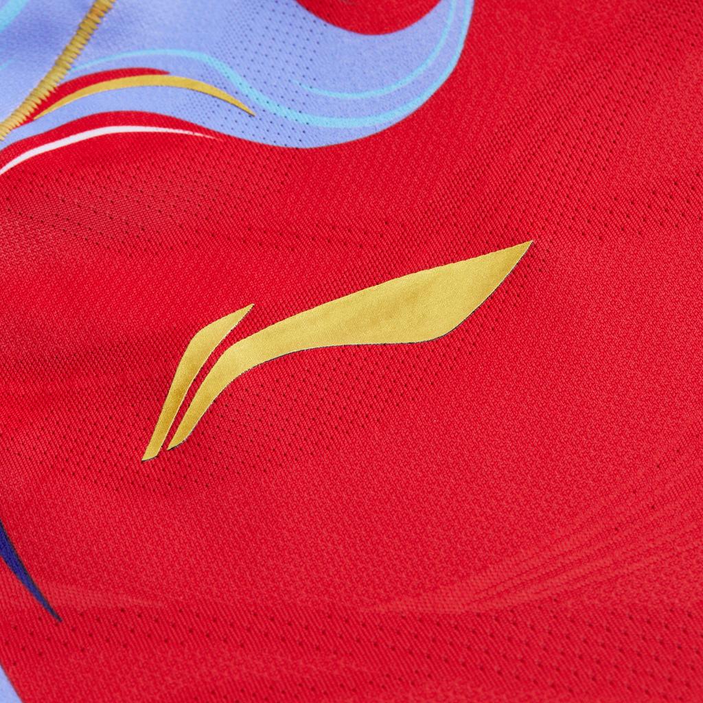 Li-Ning Badminton Series Color Block Printed V-Neck Pullover Short Sleeve Badminton Shirt Unisex tops Crimson-Red AAYU229-3
