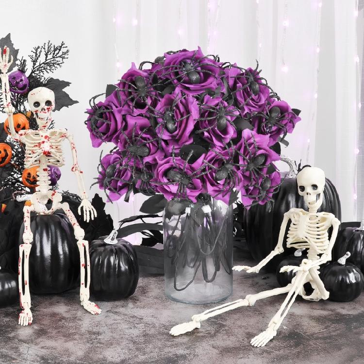 Gothics Black Spiders Artificial Rose Floral Stem For Themed Event Bendable Stalk Silk Flower For Eerie Decoration
