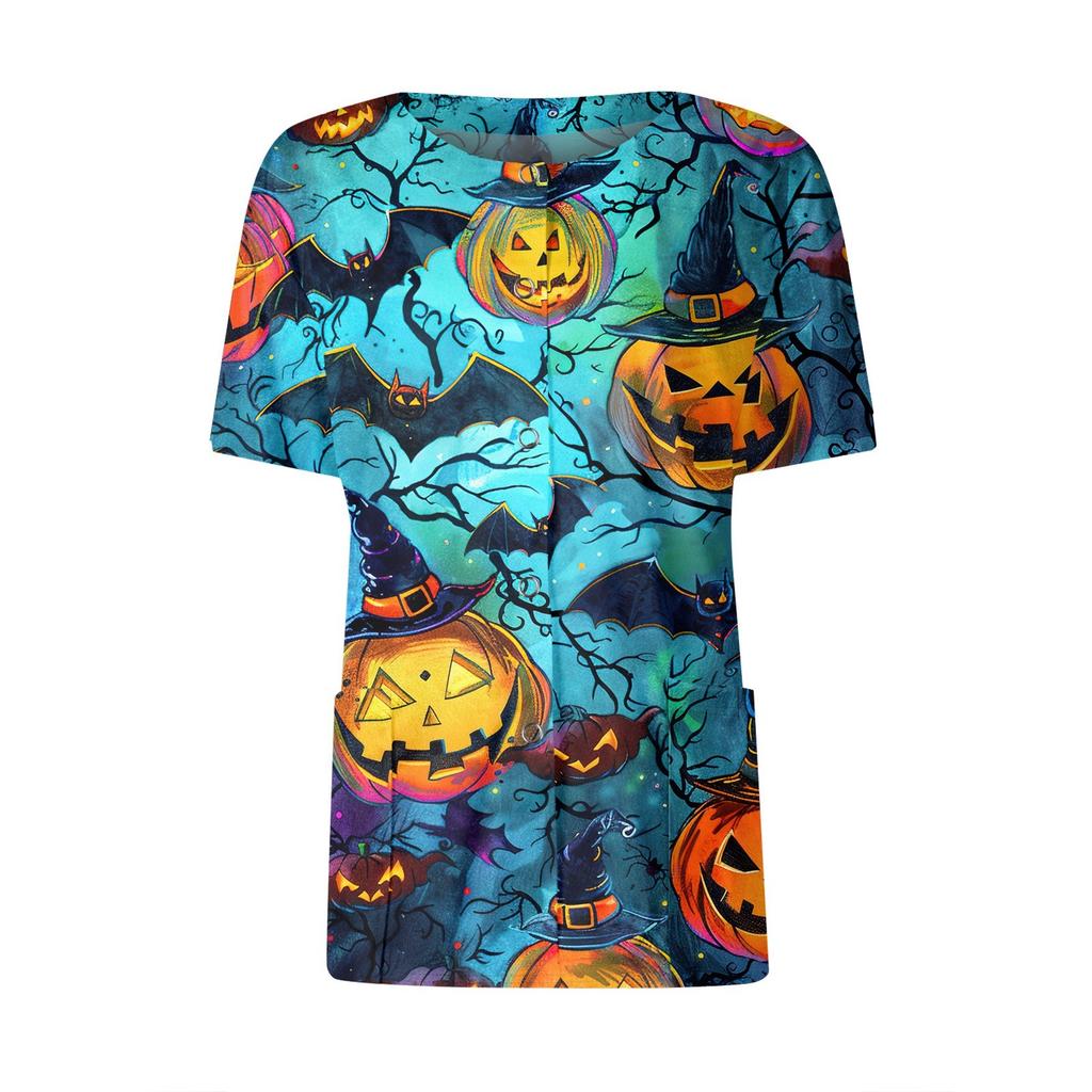 Women's Short Sleeved Patterned Pockets, Work Print Stand Up Collar, Single Breasted Protective Clothing, Cardigan Jacket, Top