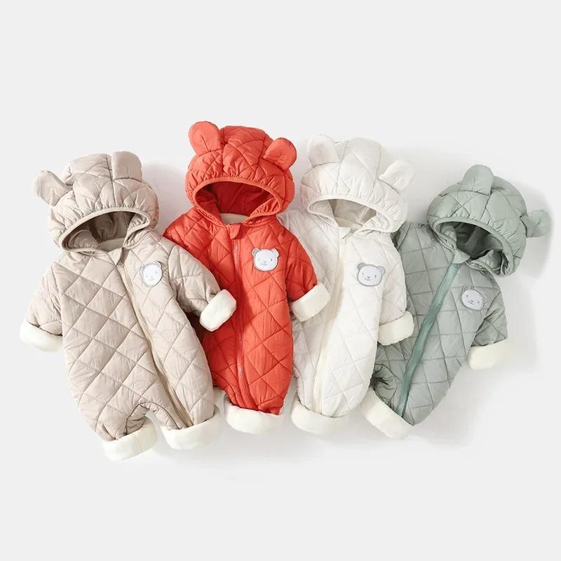 Winter Baby Bodysuit Solid Bear Ear Hooded Thickened Warm Newborn Jumpsuit Soft Toddler One-Piece Outfit