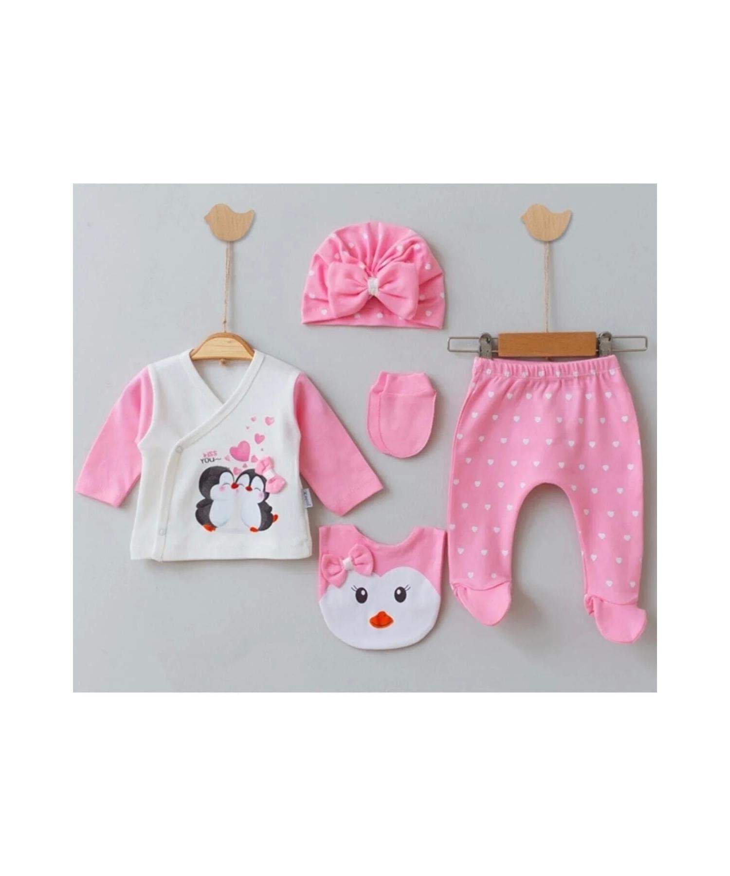 

Набор из 5 предметов для новорожденных девочек из 100% хлопка с рисунком пингвинов