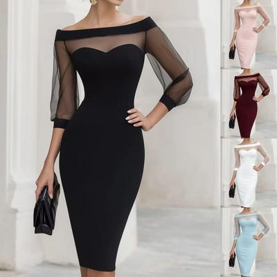 Women's Off Shoulder Three Quarter Sleeve Midi Dress Slim High Waist Mesh Patchwork Elegant Pencil Dress