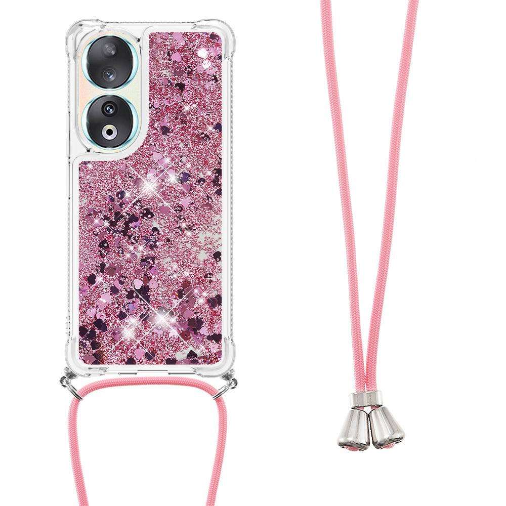 

For Honor 90 TPU Case Quicksand Design Phone Cover with Lanyard Rose Gold/Hearts