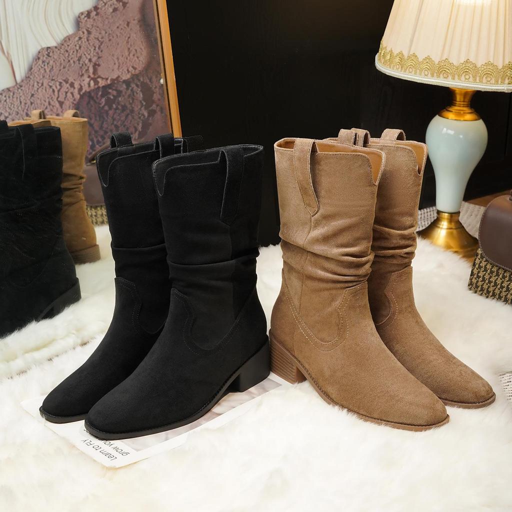 Martin Suede Petite Women's Hidden Heel Slouch Boots - New for Autumn/Winter 2025, High Heel Mid-Calf Short Boots