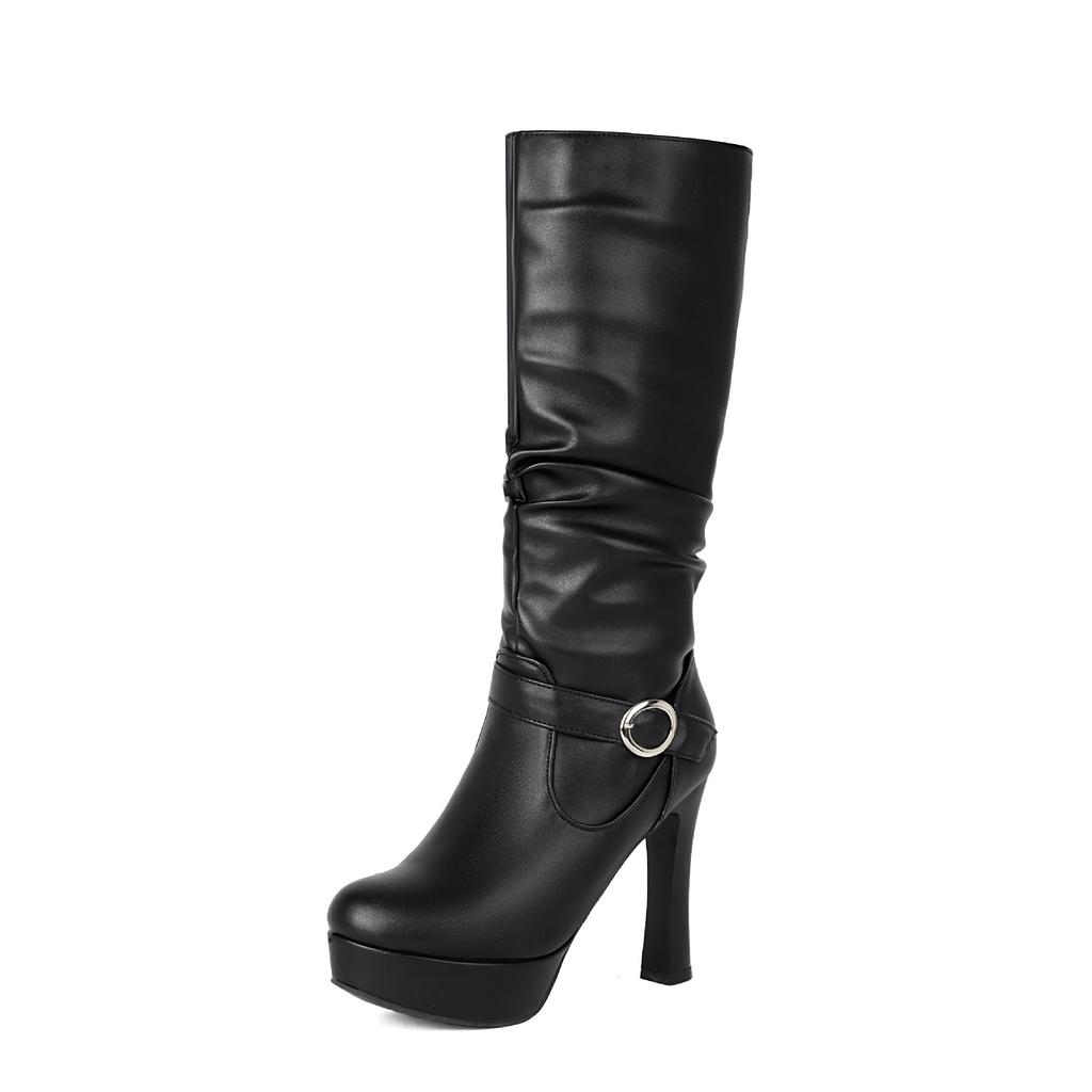 Belt Buckle Knight Women'S Boots Zipper High Boots Thick-Soled Thick High-Heeled Boots 40-43 Large Size Boots
