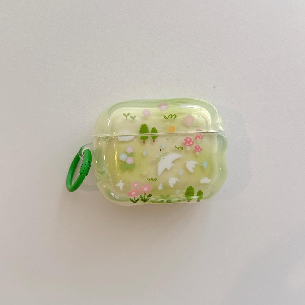 Fresh Green Forest Garden Swallow Wavy Edge With Pendant Shock Proof Earphone Cover Case for AirPods 1 or 2 3 4 Pro 2 Pro 3